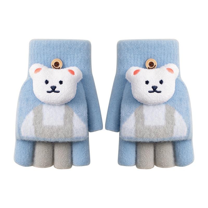 Winter children's thermal gloves knitted half-finger flip cute cartoon bear boys and girls elementary school students writing gloves