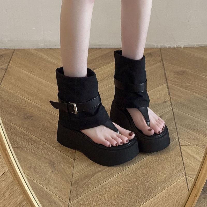 

Интернет-знаменитость, туфли на толстой подошве со скрытой платформой и открытым носком, женские летние, новые, темпераментные римские сандалии с ремешком и пряжкой, женская обувь 39 чёрный