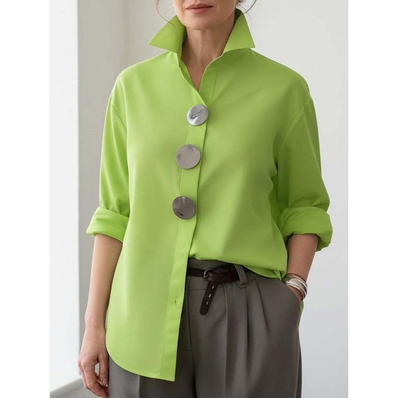 Solid Color Long Sleeve Polo Shirt With Metal Buttons For Summer