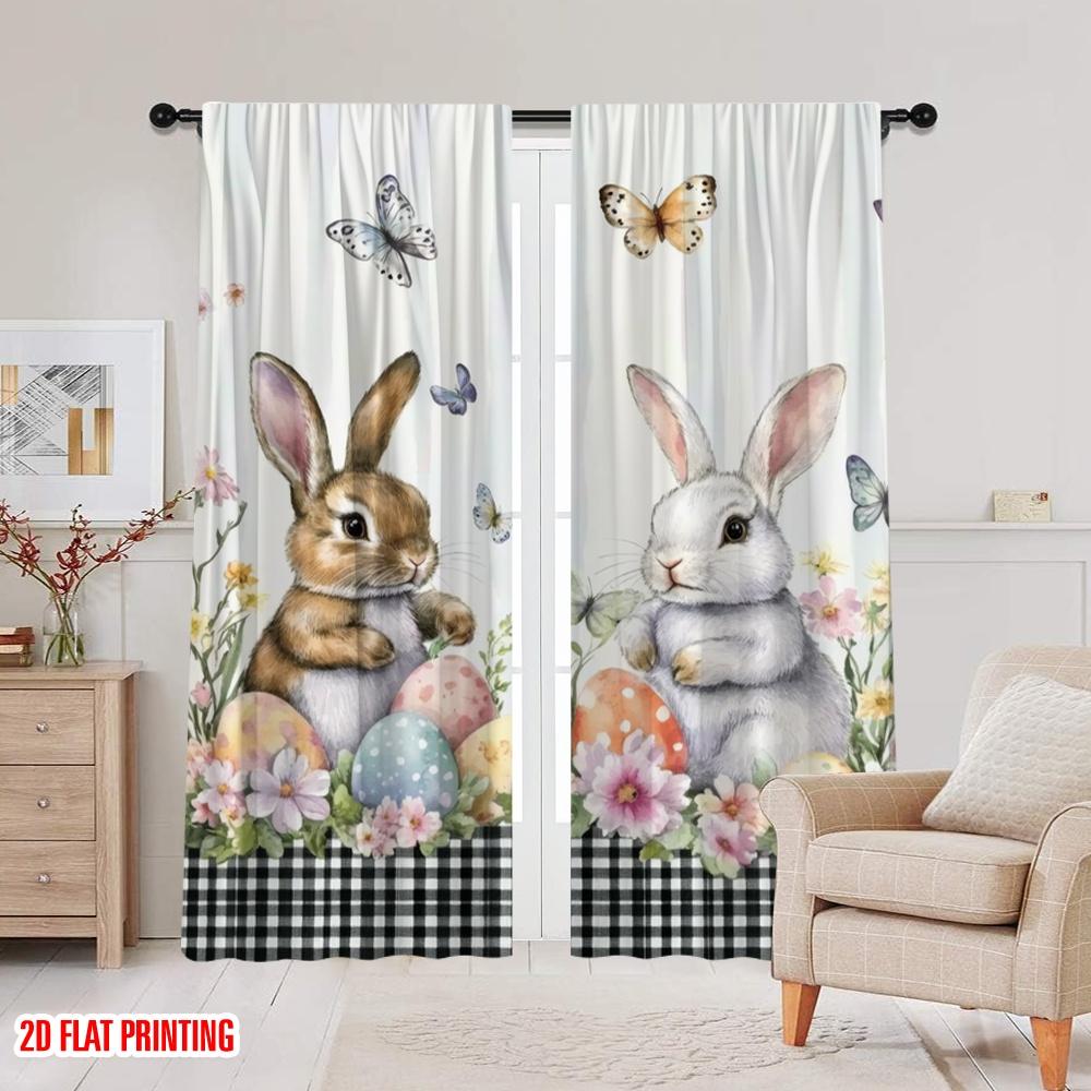 2pcs,2D Plane Printing Print Curtains Easter Bunniescape Durable Polyester (without Rod) Versatile All for Living Room, Bedroom,