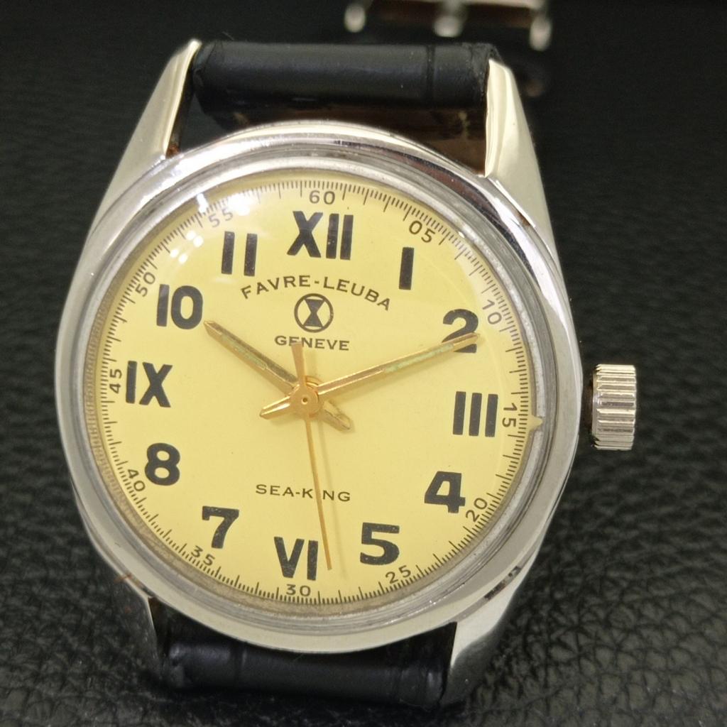 HAND-WINDING VINTAGE FAVRE LEUBA 101 SEA KING SWISS MENS BEIGE WATCH A702012-5 R208-a702012