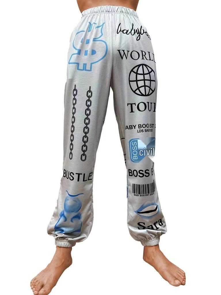 European & American Women's 2025 Printed Elastic Waist Casual Harem Pants