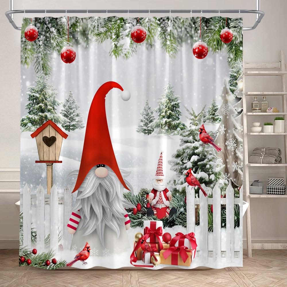 Winter Christmas Shower Curtains Town Street Snowman Snow Mountain Scenery New Year Xmas Home Bathroom Decor Bath Curtain Set