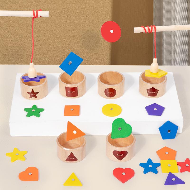 Zhiqu Toys Early Educational Wooden Magnetic Fishing Play Toy Children s Geometry Cognitive Classification Floor Game Cup
