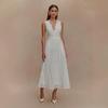 Women Sleeveless V Neck Midi Dress Elegant Hollow Out Eyelet Summer Dress Casual A Line Sundress