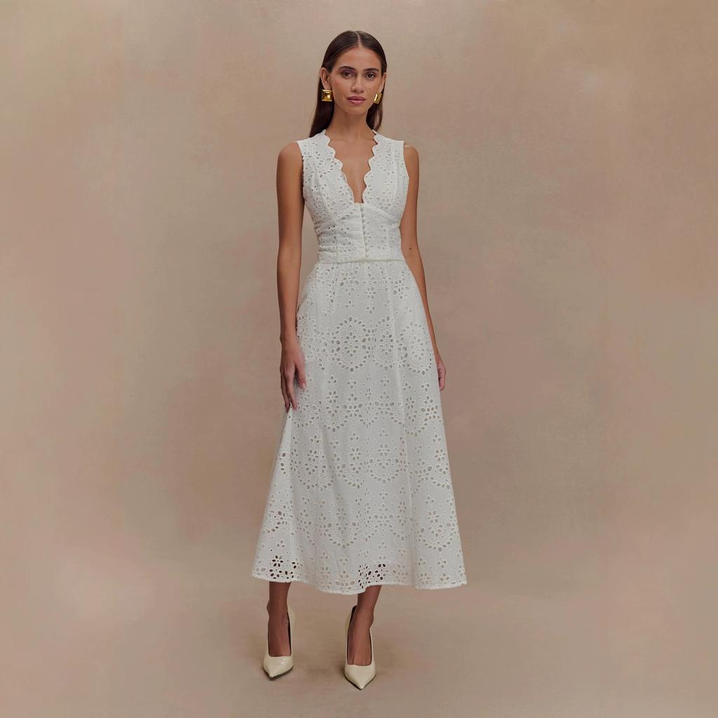 Women Sleeveless V Neck Midi Dress Elegant Hollow Out Eyelet Summer Dress Casual A Line Sundress