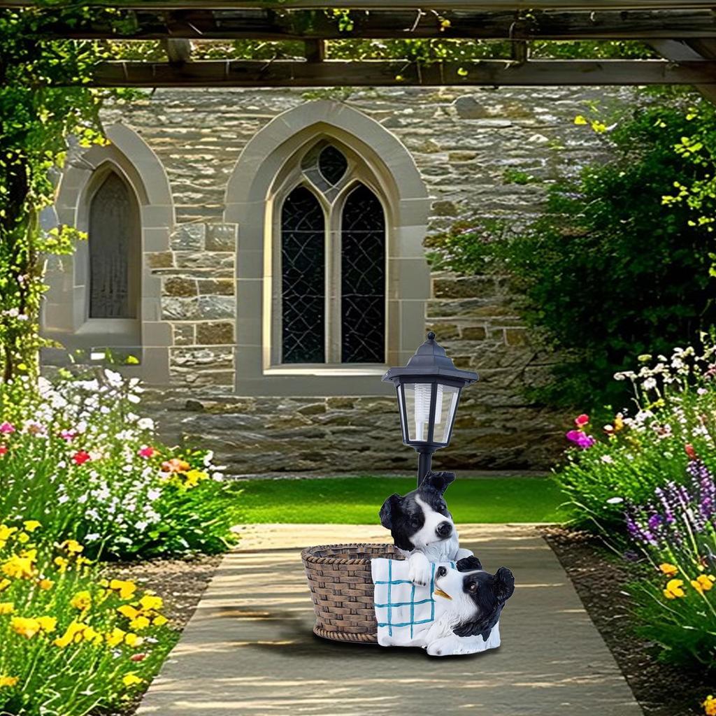 Buiten Zonne-energie Licht Boerderij Honden Lantaarn Beeldje Cartoon Sculptuur Hars Beeld Tuindecoratie voor