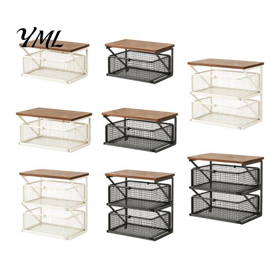 Small Desktop Furniture Coffee Station Organizer with Drawer, Tiered Bar Organizer, Wooden Top Shelf, Wire Mesh Drawers for Tea Bags, Capsules, Office