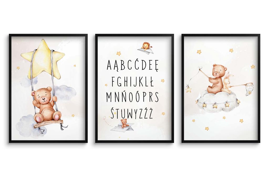 Zestaw Plakatów dla dziecka Alfabet Literki Miś Dziecięce Obrazy beż 30x40