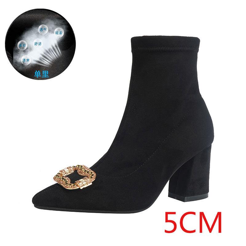 Pointed suede autumn and winter new fashion high-heeled short boots women's rhinestone square buckle low tube fashion boots solid color thin boots