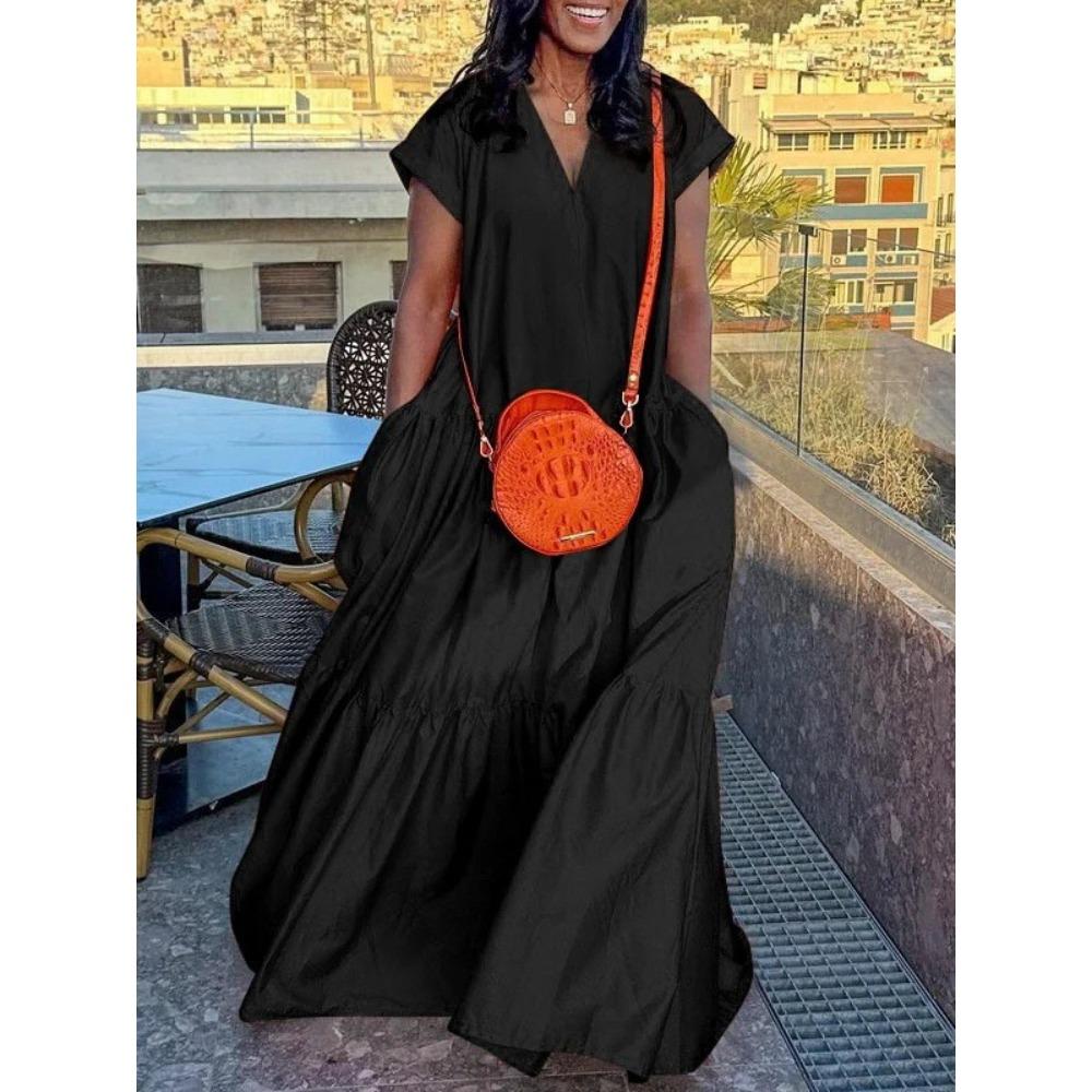 Women's V Neck Short Sleeve Maxi Dress Oversized Loose Waist Ruffle Tiered Big Swing Long Dress With Side Pockets For Spring Summer Street Vacation