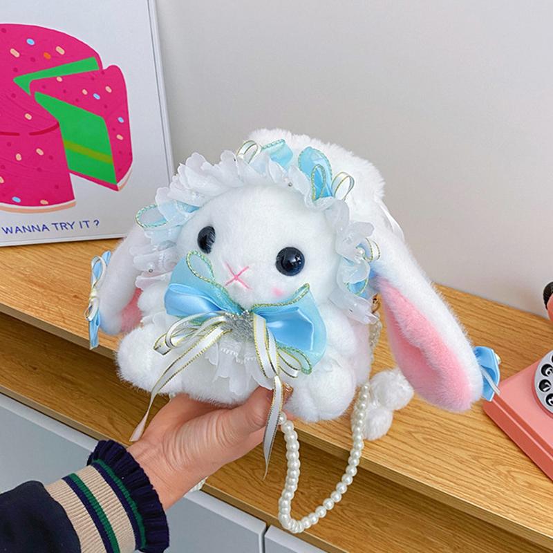 New Cute Bunny Plush Bag Lolita Element Shoulder Bag Kawaii Princess Sweet Pearl Chain Crossbody Bags Long-Eared Rabbit Purse