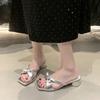 2025 Summer New Fashion Thick Heel Square Toe Open Toe Satin Bow Holiday  Slip-on Women's Sandals