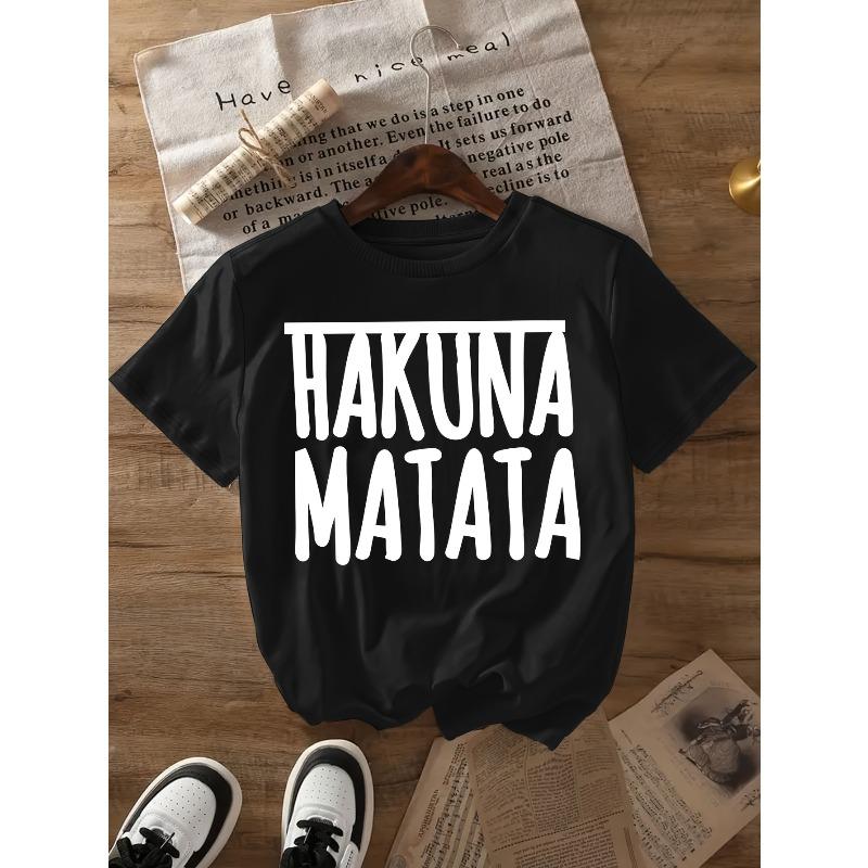 Women'S Popular Fashion Pure Short Sleeve T-Shirt with 'HAKUNA MATATA' Swahili Print, Spring Summer Style, 1pc Elegant Party Pure Short Sleeve T-Shirt