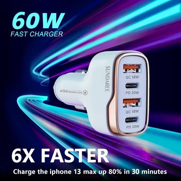 Chargeur Allume Cigare USB - 60W - 4 Ports - Charge Rapide - Universel