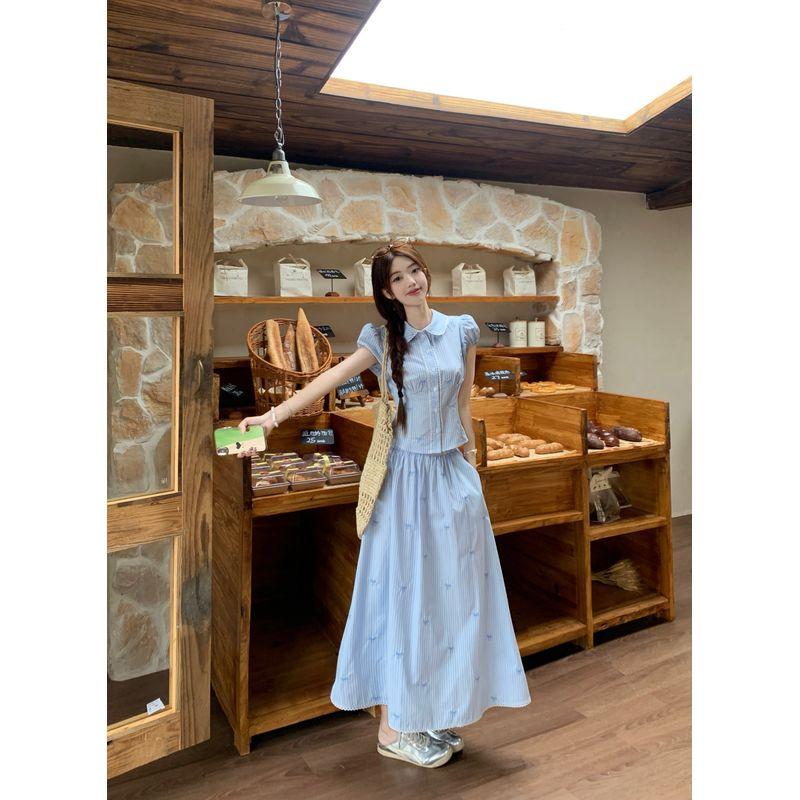 Kumikumi Sweet Set Younger Cute Doll Collar Shirts Women Summer Blue Stripe Skirt Two-piece Set