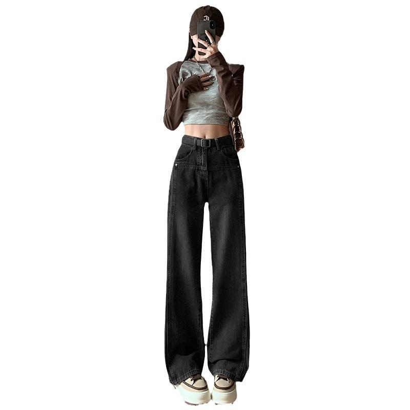 Black and gray wide-leg jeans women's 2025 high-waisted straight loose floor pants American retro spring clothing European and American style