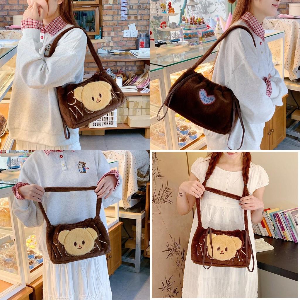 Butter Bear Pattern Cute Plush Shoulder Bag For Daily With Magnetic Closure And Card Pocket