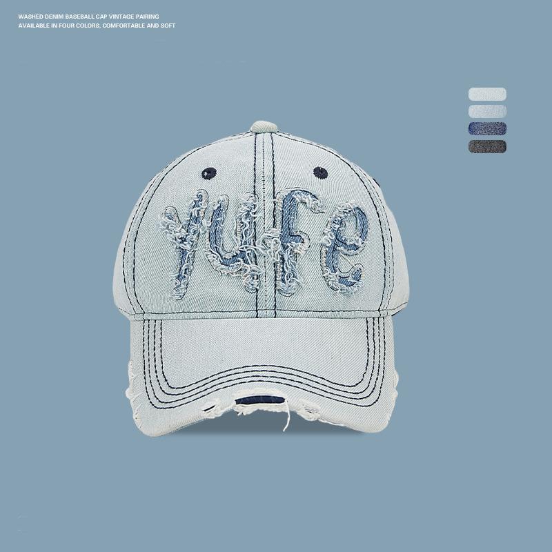 

Cowboy ripped baseball cap women s big head circumference showing face small letter hat ruffian handsome big brim cap Adjustable