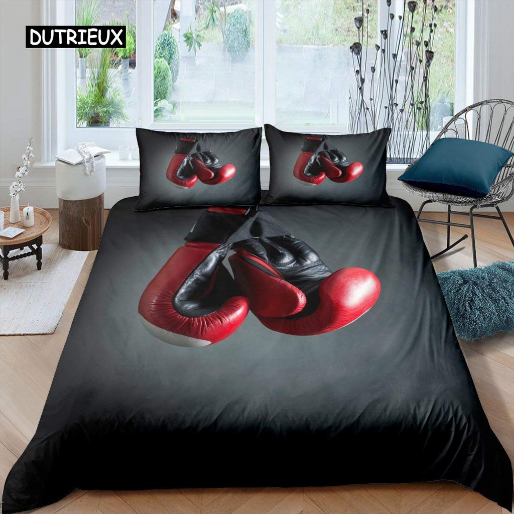 Boxing Duvet Cover Set Sports Games Theme Twin Bedding Set Microfiber Boxing Gloves Athlete Silhouette Queen King Quilt Cover