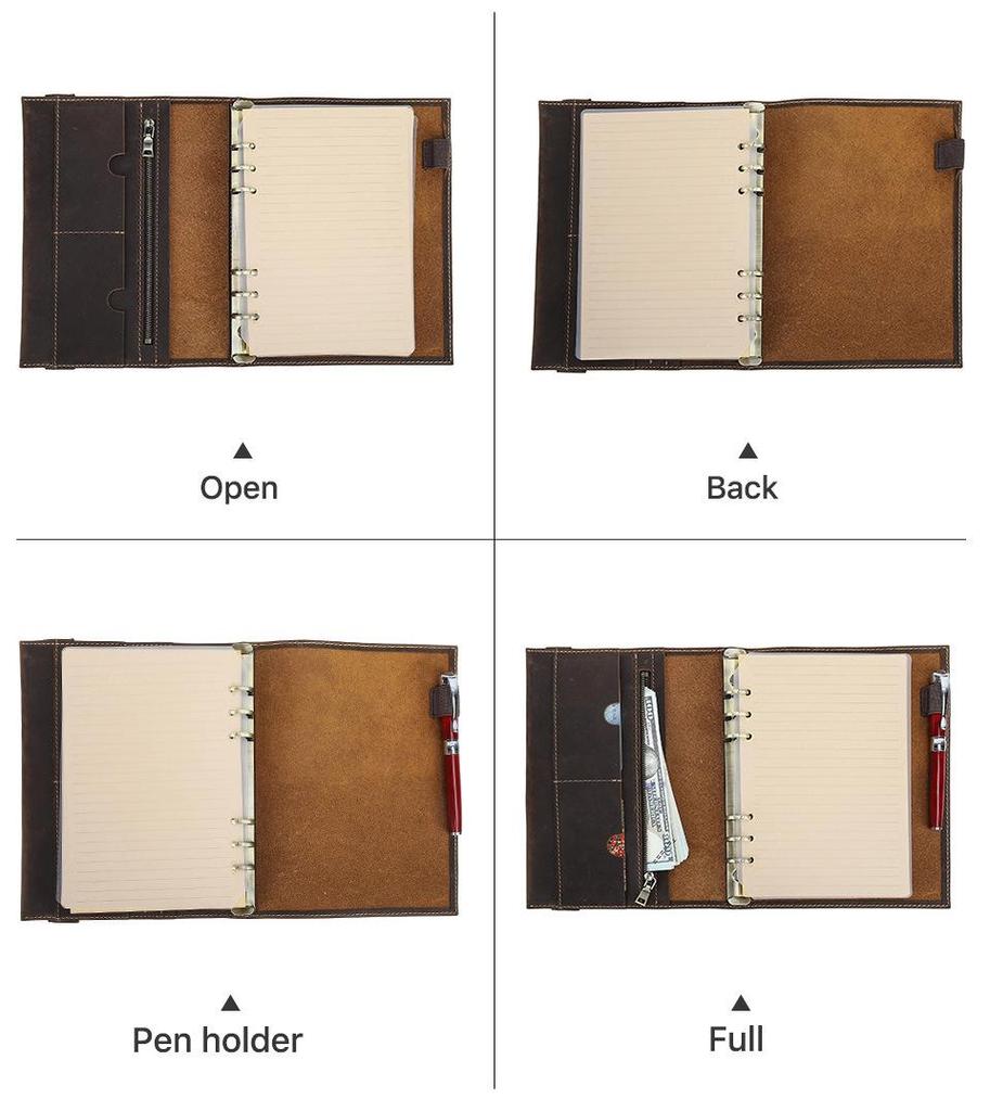 Handmade A5 Crazy Horse Leather Notebook with 6-Ring Binder & Replaceable Pages