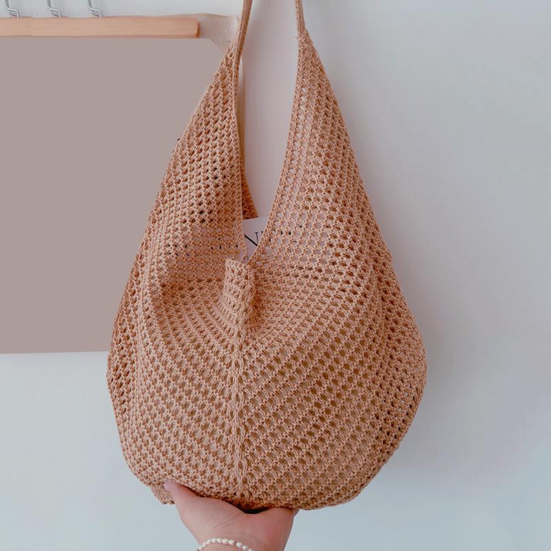 Yogodlns Fashion Large Capacity Beach Simple Knitted Women's ShoulderBag Knitted Hollow Woven Inner Tote Bag