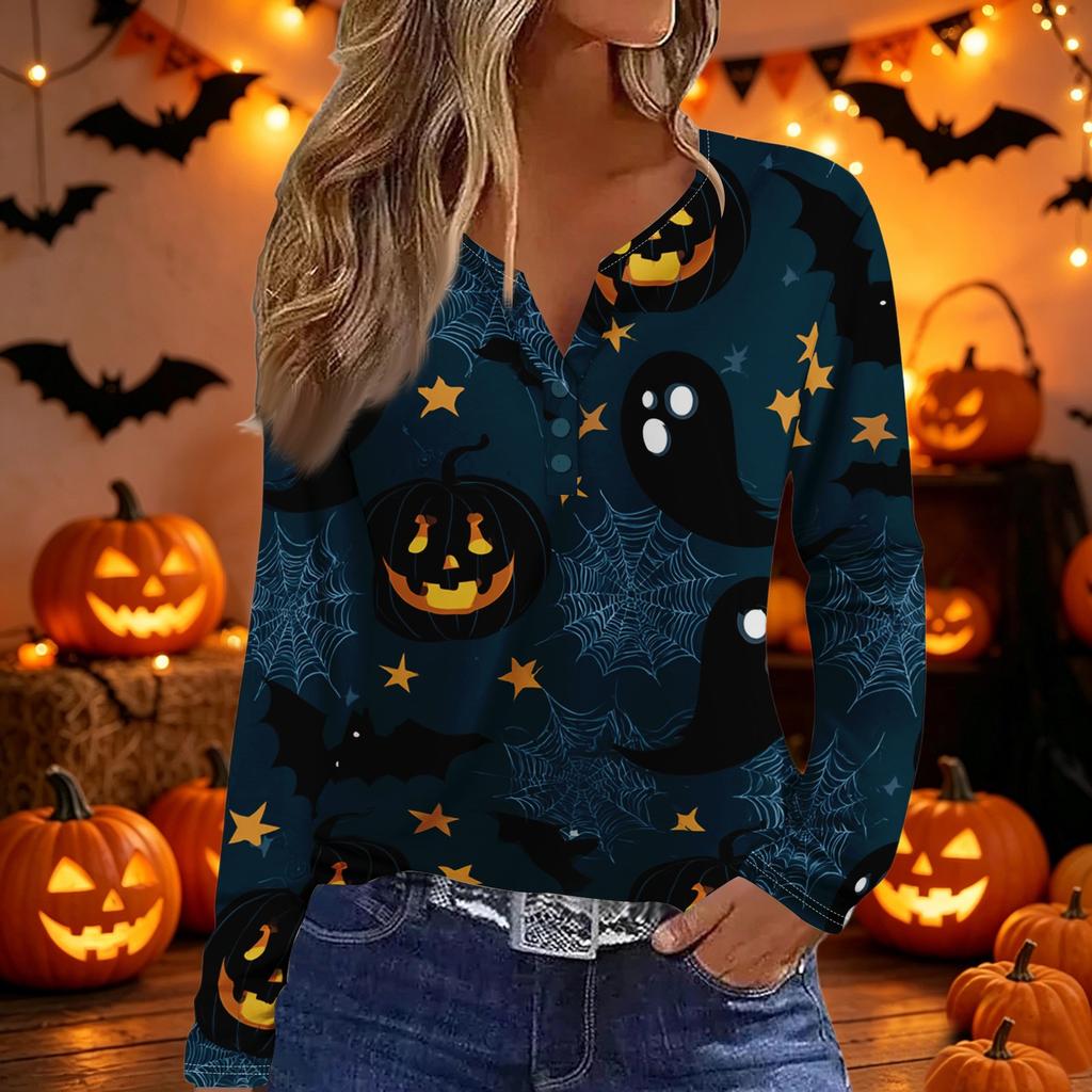 Women's Long Sleeve V Neck T Shirt Halloween Print Button Detail Casual Top Lightweight Soft Fabric Comfortable Fit