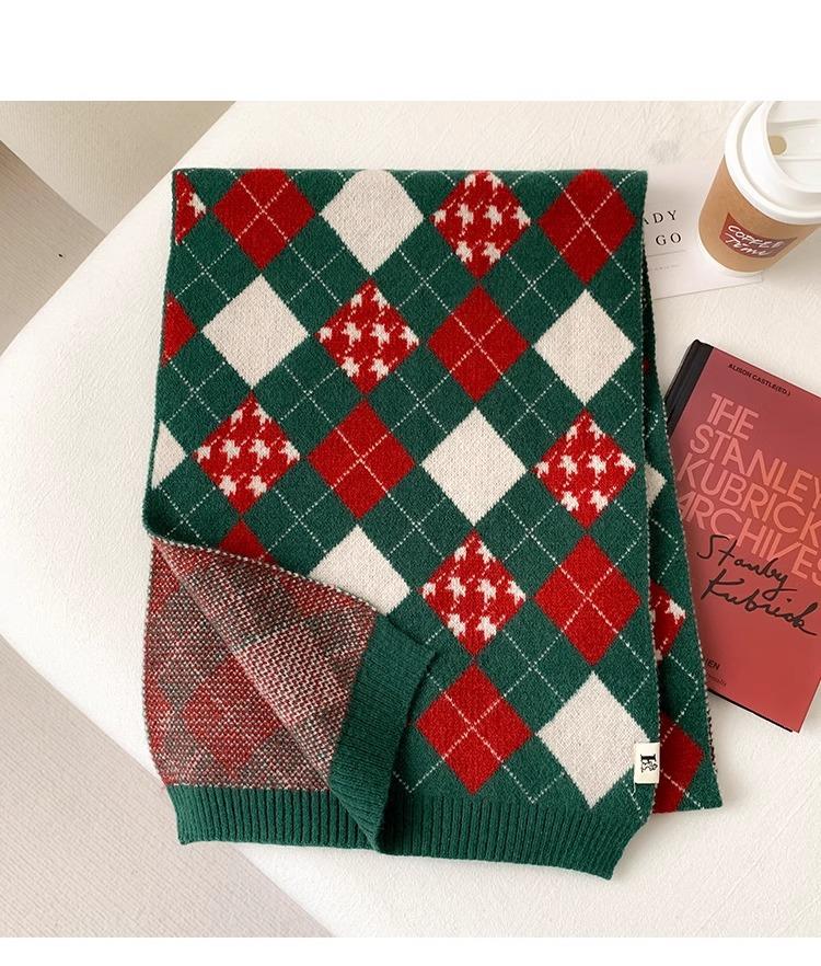Red Christmas Tree Knitted Scarf Female Autumn and Winter Warm Green Wool Student Couple Christmas Gift Scarf Versatile