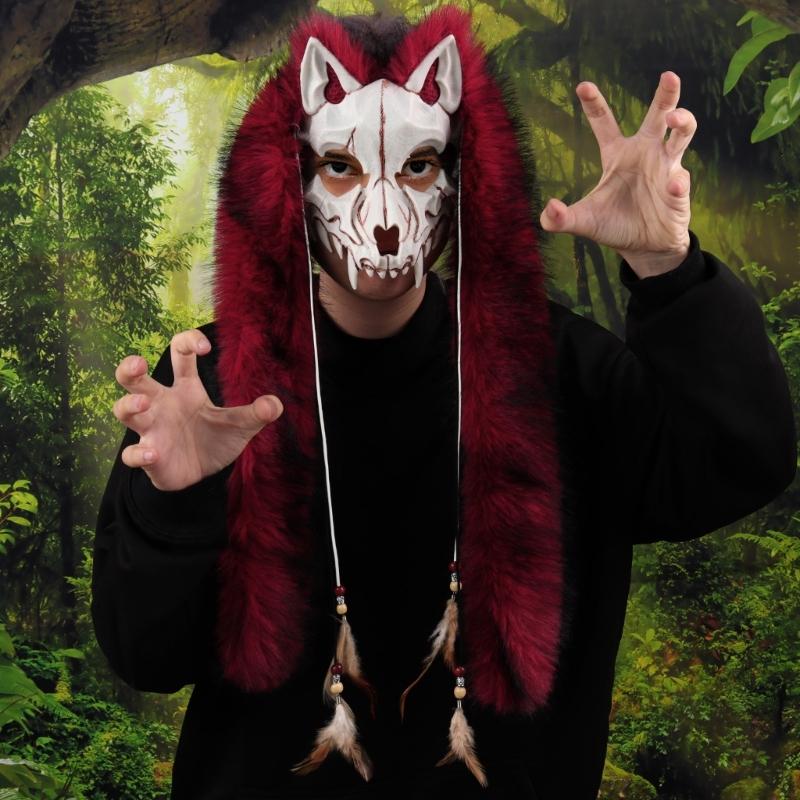 Fell Wikinger Füchse Maske Werwolf Kostüm Cosplay Zubehör Pelziges Tiermaske für Halloween Karneval Mottoparty