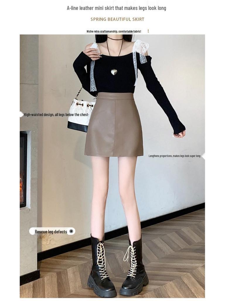 Black A-line High-waisted PU Leather Skirt: Women's Spring/Autumn Slimming Mini with Anti-exposure Design