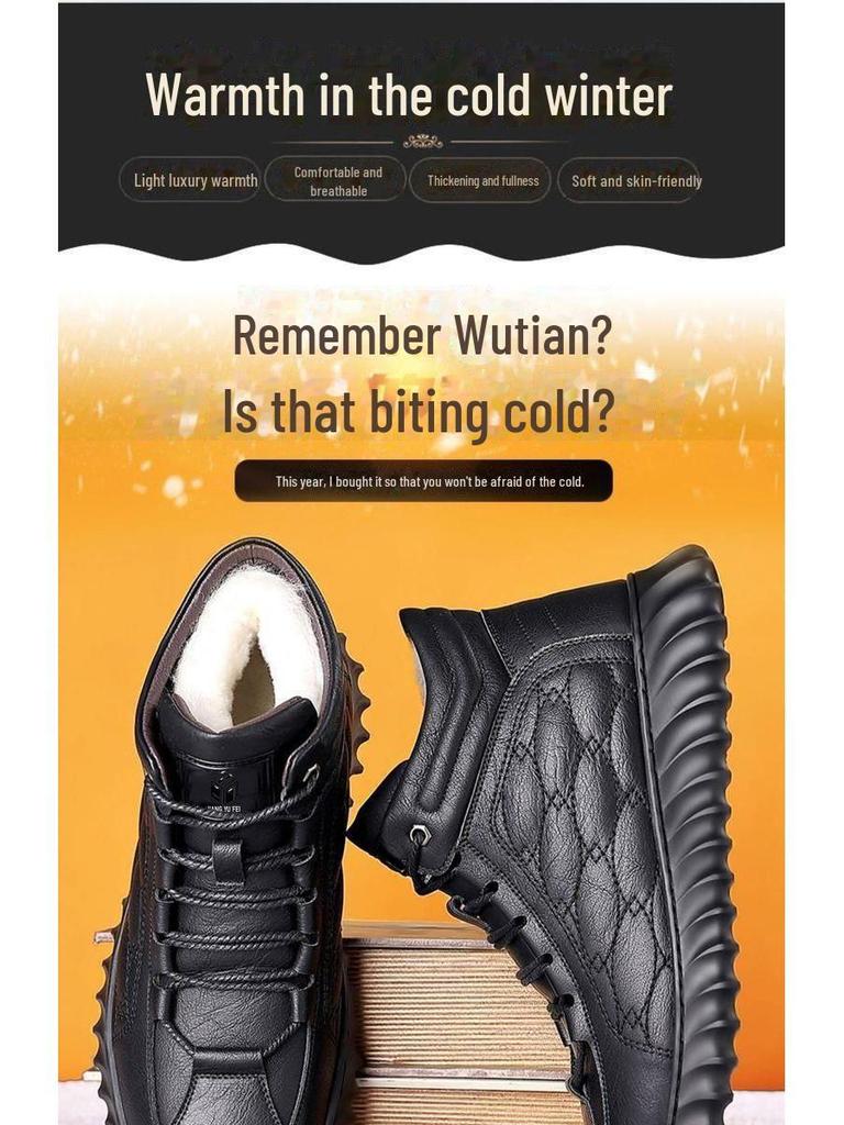 Cizme de zăpadă din piele cu căptușeală de blană pentru bărbați: Ghete de iarnă călduroase din bumbac cu izolație groasă de catifea