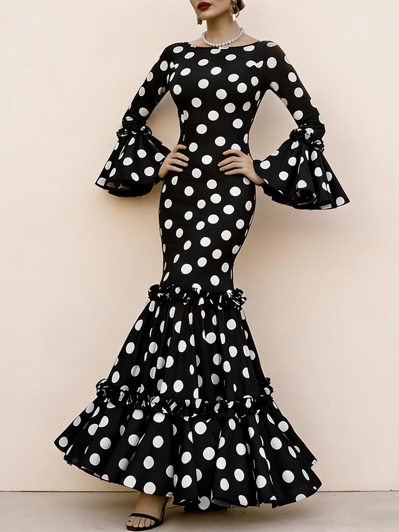 

European and American style new polka dot horn sleeve fishtail long dress retro waist dress S