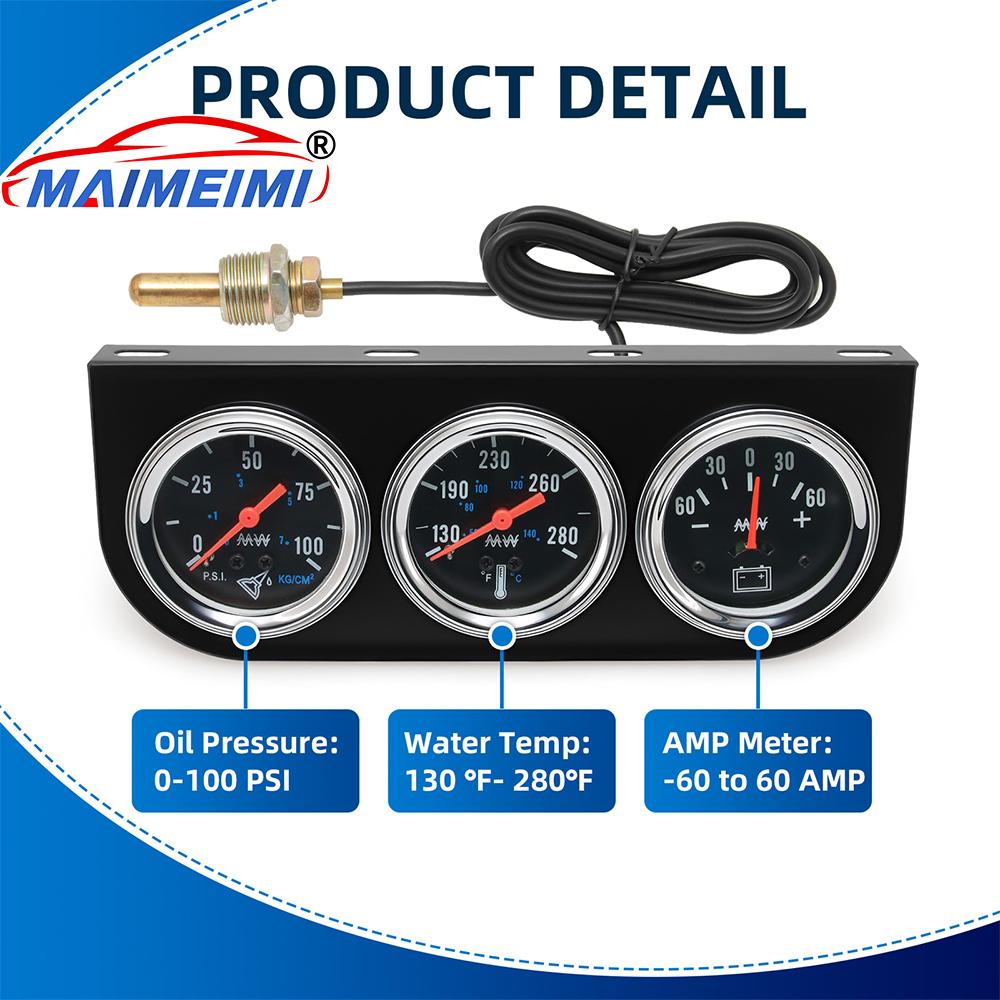 Black Face Digital pointer car Auto Gauge Water Temp Oil Pressure voltage Gauge 3 in 1 Triple Gauge Set with sensors 3 in 1