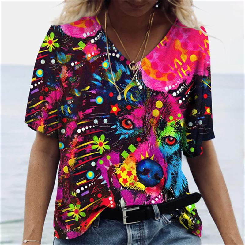 Summer Vintage V-neck Women's T-shirt Loose Jumper Skull 3D Printed Short-sleeved Shirt Harajuku Plus Size Women's T-shirt Top