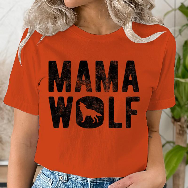Mama Wolf Print T Shirt for Women Kawaii Graphic Shirts Casual Short Sleeved Black Vintage Female Tee O-neck Harajuku T-shirts