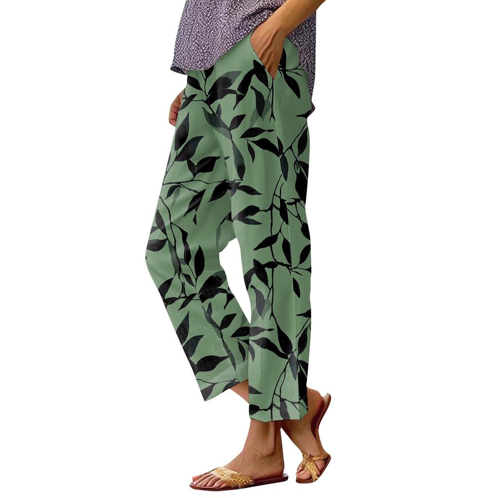Women's Fashionable Floral Print Straight Leg Pocket Elastic Waist Casual Pants Pants