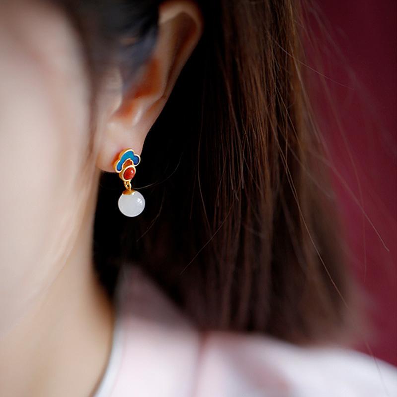 Hetian Jade Ear Hook Earring Women's High-end Temperament Ethnic Retro Earrings Cloisonne Craft Dangler Gift