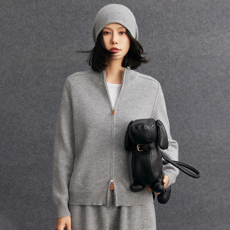 2025 Autumn/Winter Women's Cashmere Half-High Collar Cardigan with Double Zipper Pockets