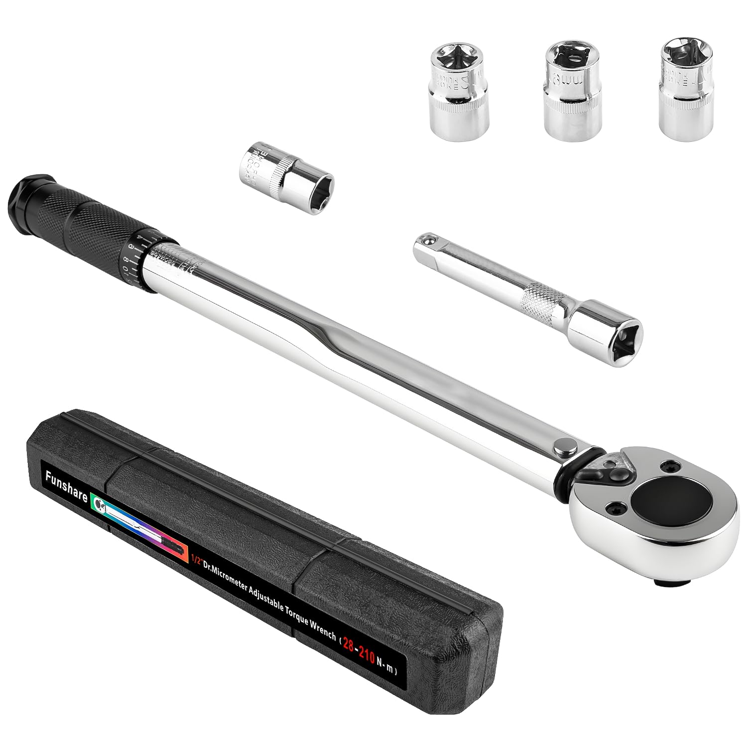 

Набор динамометрических ключей Funshare с предустановленным моментом для смены автомобильных шин, головки 4/17/19/21 мм, 12,7 мм (1/2 ) Привод, Диапазон 28-210 Нм, Включает трещотку и удлинитель