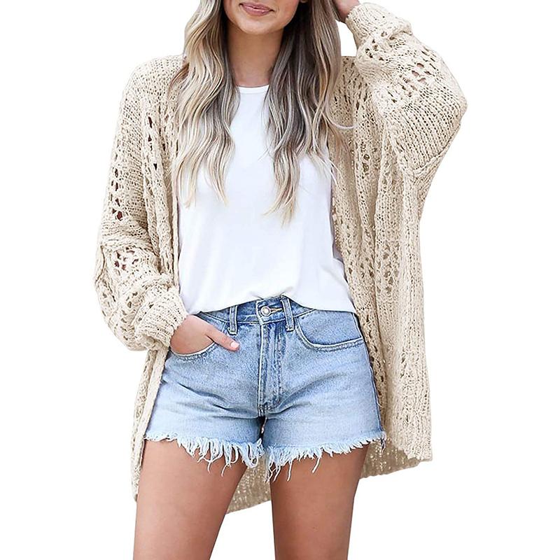 Women Knit Sweater Cardigan Beach Full Sleeve Hollow Out Jumper Straight Solid Casual Elegant Coat Knitted Outwear