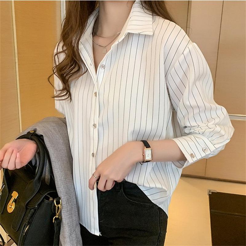 Women's Retro Striped Chiffon Shirt - Spring/Autumn 2025 Collection with Layered Lapel Design