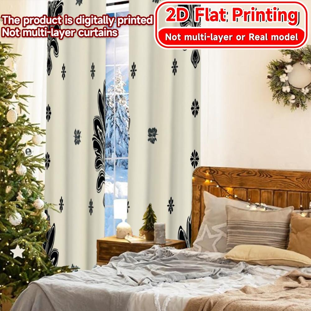 Set Of 2 Elegant Flat Printing Curtains Without Rod Black Floral Design Modern Fashionable Curtainments During Women Is Day Curtain Made Polyester