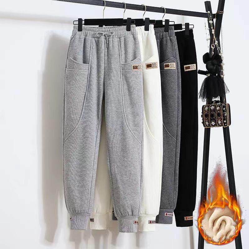 Damen Winterhose Einfarbige Hochtaillierte Hose Verdickte Übergröße Einfache Lockere Freizeit Warme Kordelzughose