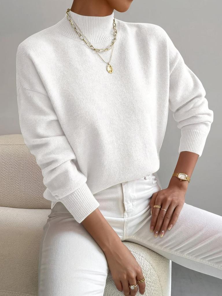 Women's Solid Color Loose Knit Sweater: Autumn/Winter Half-High Neck Long Sleeve Pullover