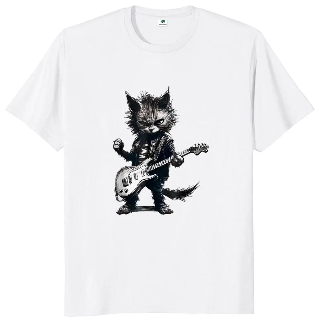 Unisex Retro Bear Playing Bass Guitar Cat Music Lover Oneck Cotton Casual Tee