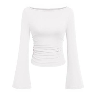 American Solid Color Boat Collar Horn Sleeve Shirt Women's Autumn Slim-fit Pleated Thin Top Long Sleeve
