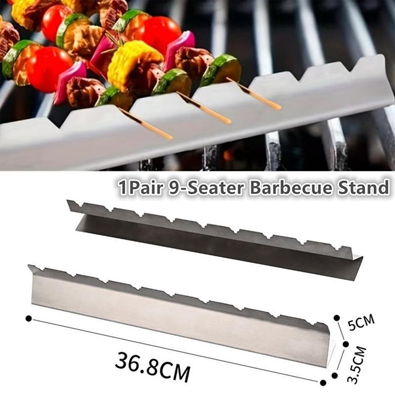 2 Pcs Skewer Holder Anti-Slip Groove Stainless Steel Heavy Duty Long Bbq Tools Barbecue Grilling Shish Kabob Rack Outdoor Tools