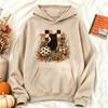 Black Cat Pumpkin Fall Checkered Graphic Hoodie Women Casual Long Sleeve Pullover Vintage Halloween Autumn Holiday Gift Top