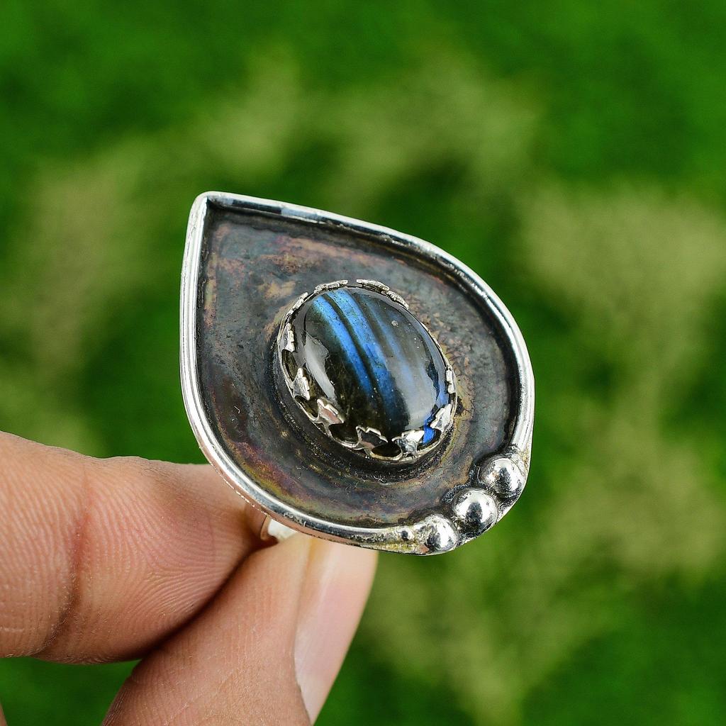 Natural Labradorite Gemstone Multi Stone Blue Adjustable Ring 925 Silver