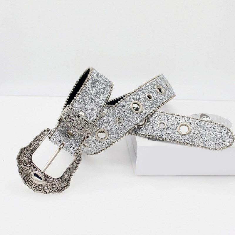 Large Eyelet Sequined Belt for Jeans Bead Trim PU Leather Belt Subculture Pants Belt Elegant Girl Clothing Waist Decors
